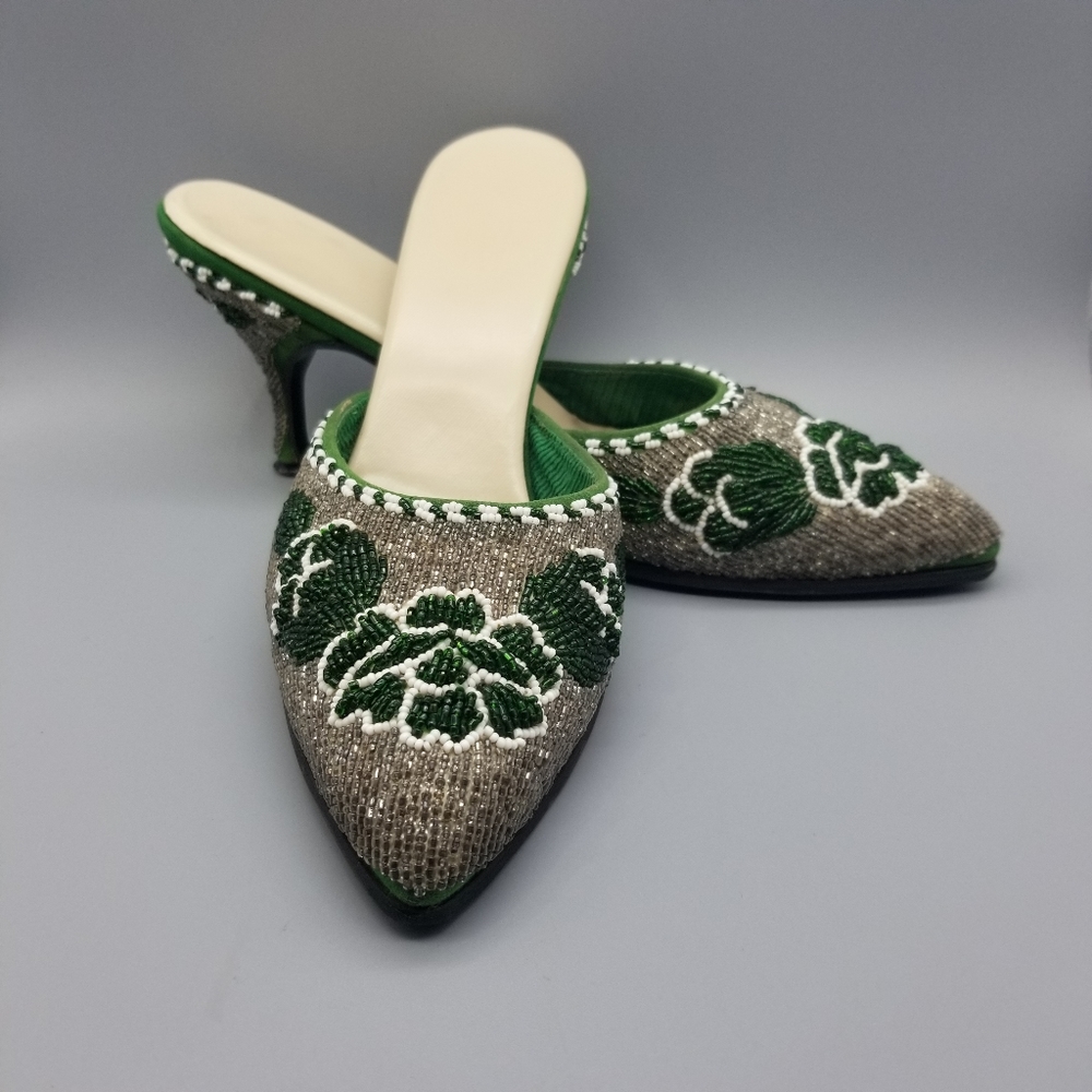 Vintage Elegant Floral Green Silver Beaded Mule Shoes